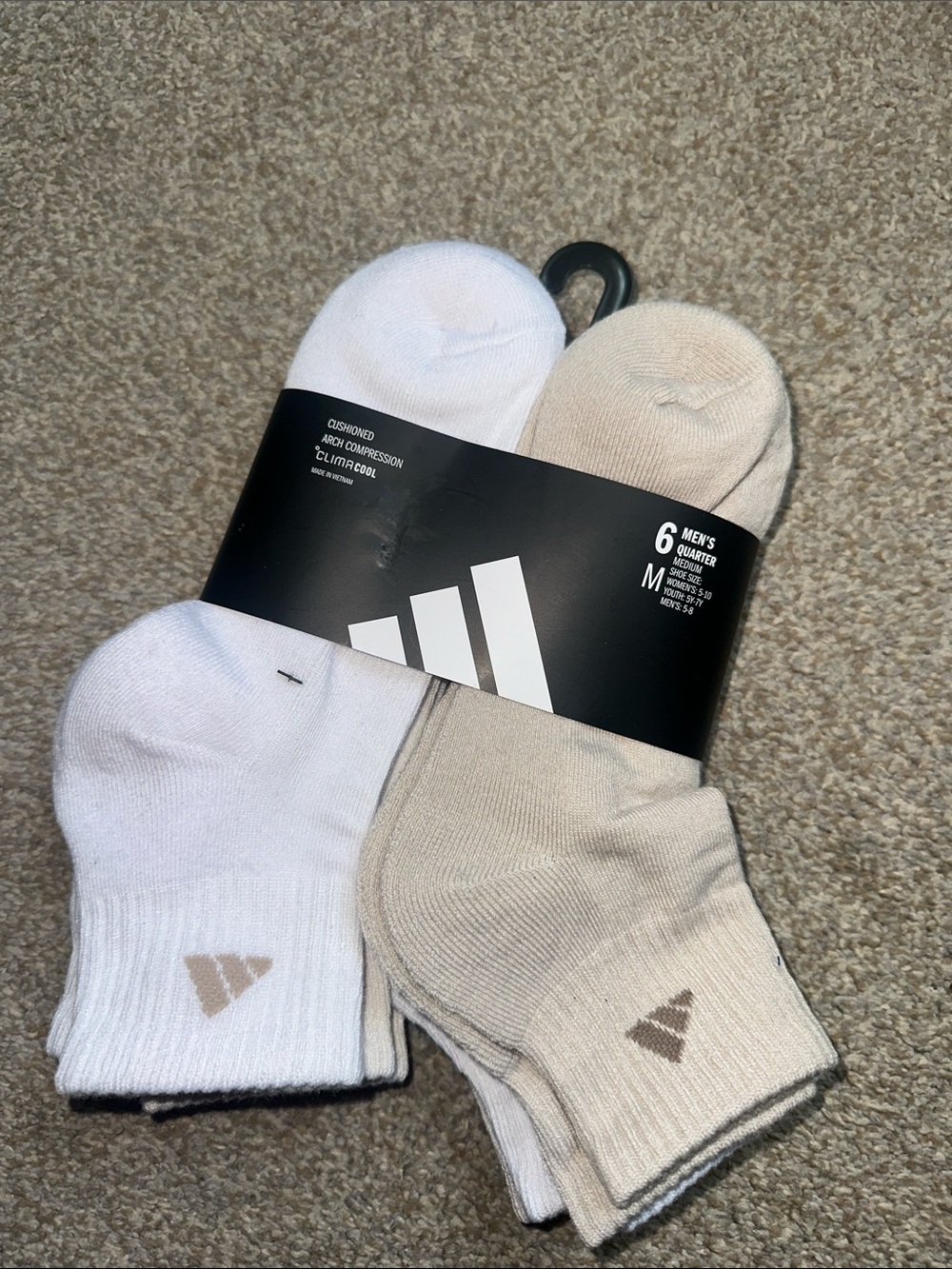 adidas Men's 6-Pack Quarter Athletic Socks — White & Light Beige